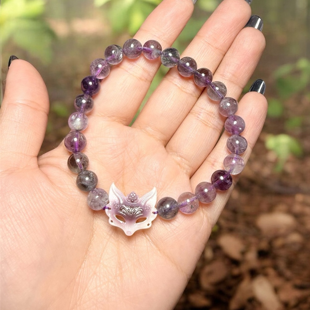 Fluorite Bracelet | 8mm Purple Blue Green Fluorite | Mother of Pearl Fox Charm - Picture 1 of 6